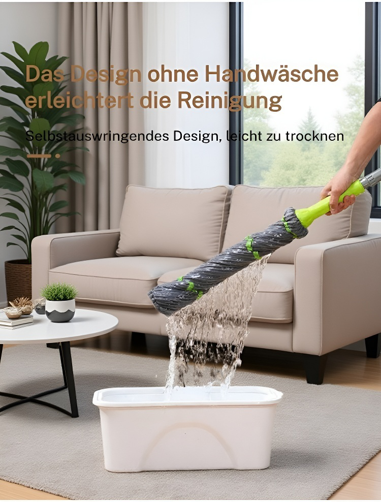 Selbstwringender Drehmopp in Aktion auf Holzboden