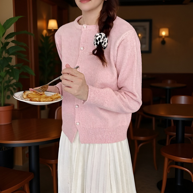 여성 니트 가디건 긴팔 솔리드 상의 진주 버클 여성 봄가을 라운드 니트 가디건 부드러운 니트 코트