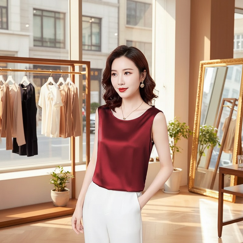 여성 이너 정장 이너 반소매 인조 실크 셔츠