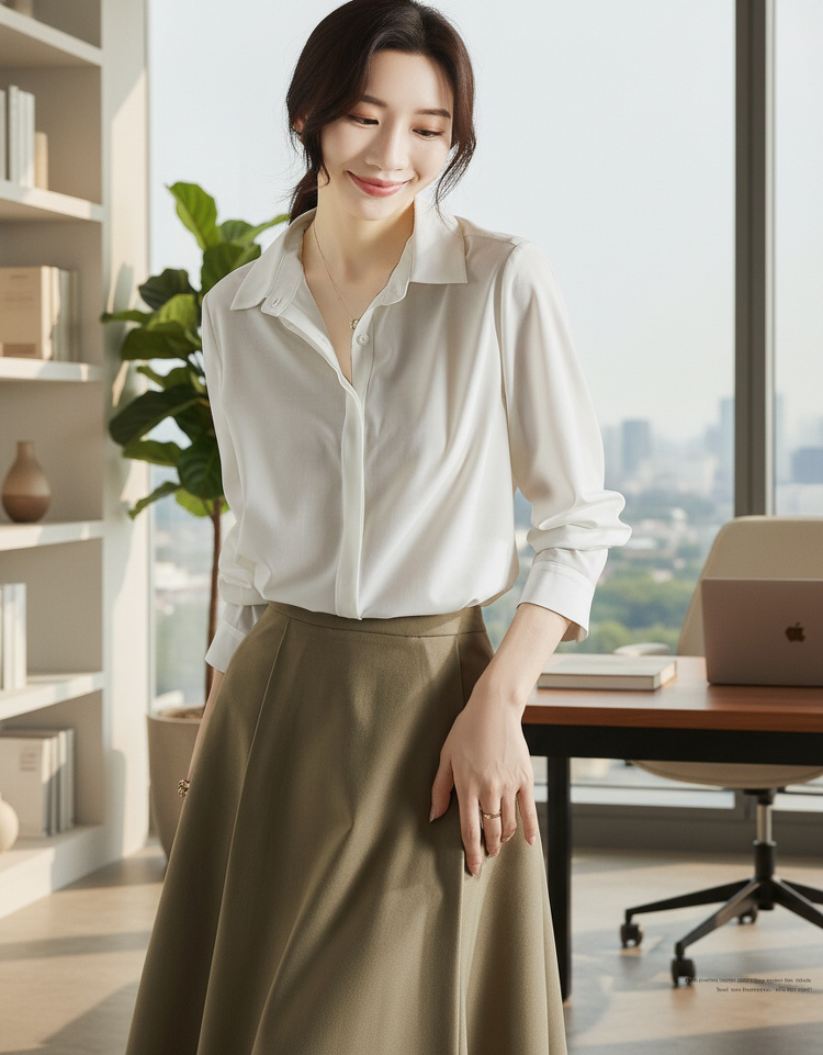 여성용 봄 한범 긴팔 셔츠 정면 착용 이미지