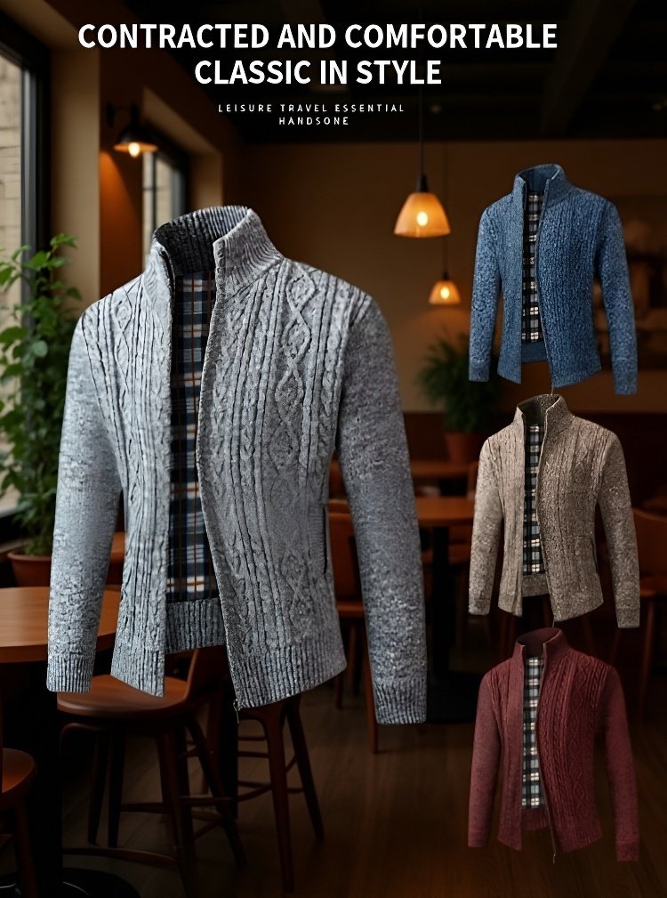 Warm Cardigan Sweater Men Thickened Padded Front View