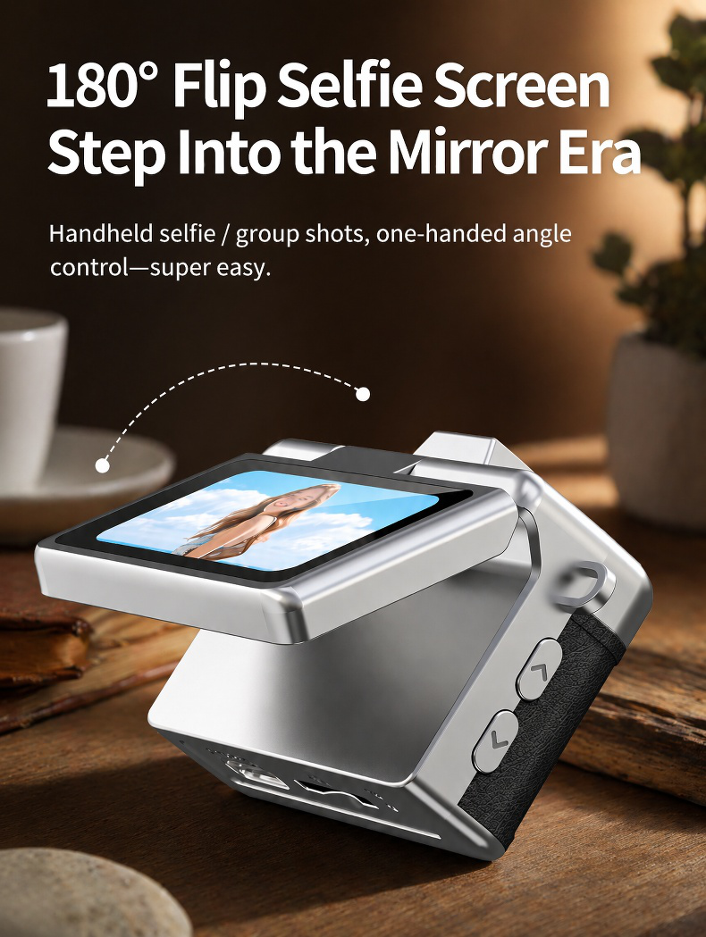 Modern retro CCD camera with thumb flip screen