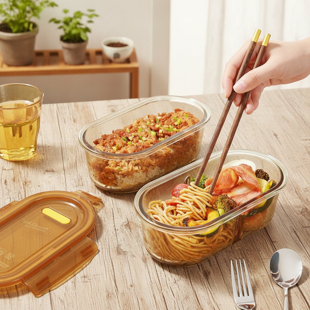 X23033101FA-[Must-have für den Fettabbau] Bernsteinfarbene, hochhitzebeständige Lunchbox mit hohem B