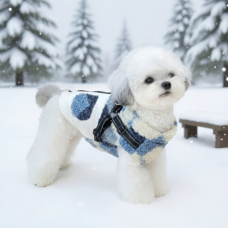 내구성 좋은 패브릭 소재의 강아지 패딩 멜빵