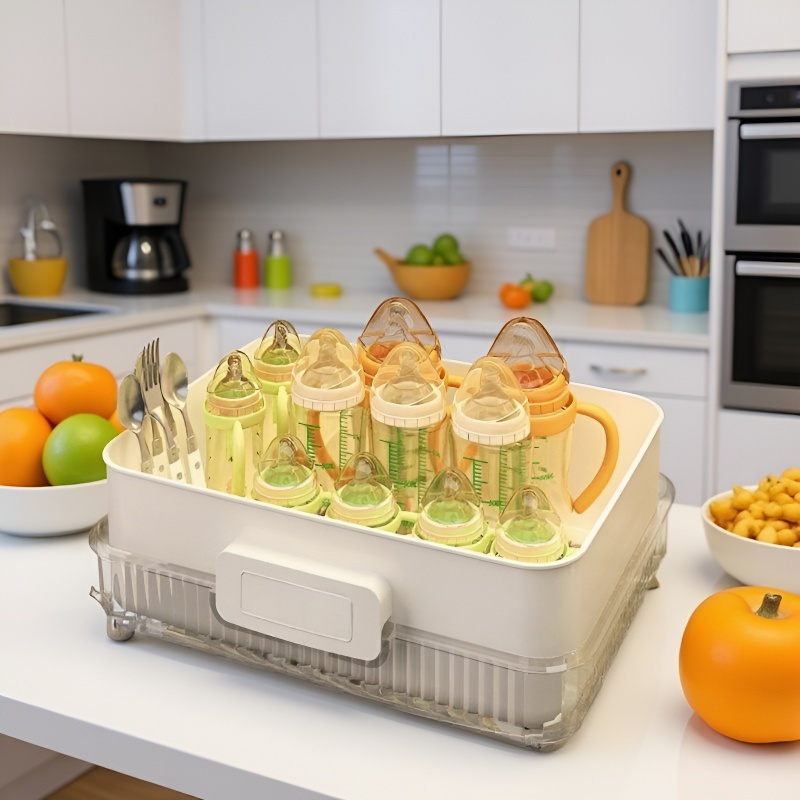 라이트 럭셔리 주방 물빠짐 그릇 선반 대용량 수납함 방진 뚜껑 달린 탁상 그릇 수납 정리기