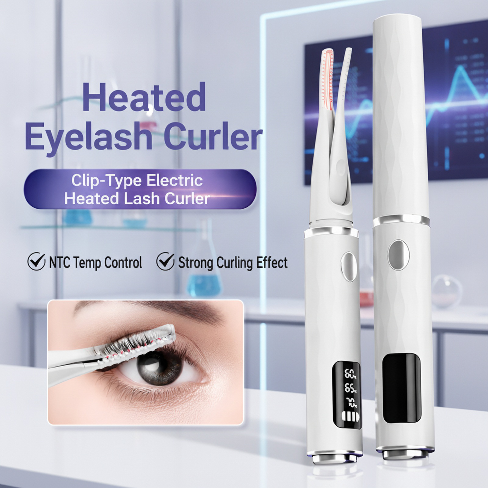 Electric eyelash curler with three temperature settings and LCD screen display. This eyelash curling