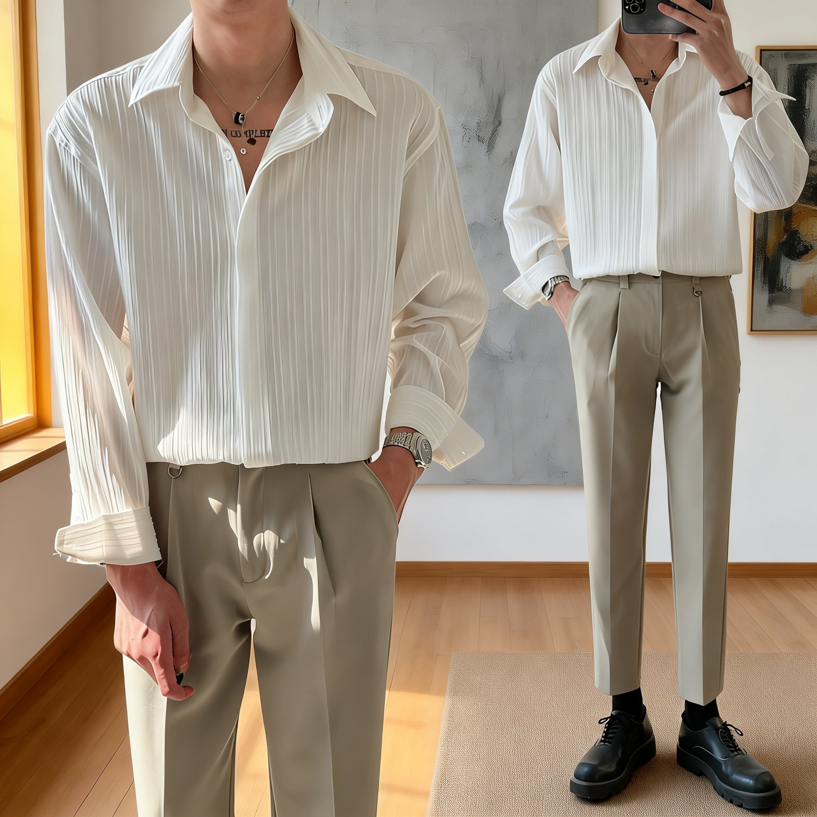 高品質の長袖メンズシャツ