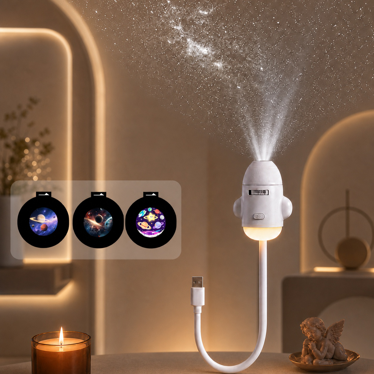 Compact USB starry sky projector on a nightstand