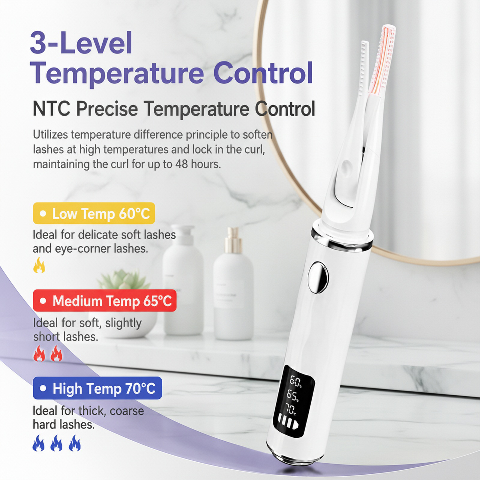 Electric eyelash curler with three temperature settings and LCD screen display. This eyelash curling