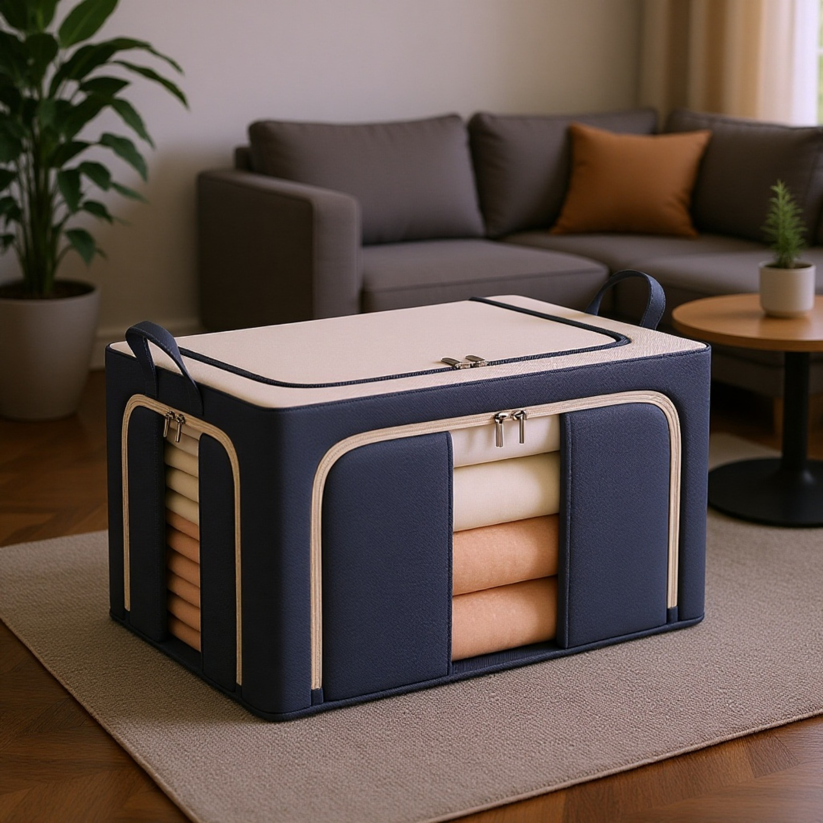 Caja Plegable para Guardar Ropa, Acceso por Tres Lados, Marco de Acero, Apilable, para Edredones