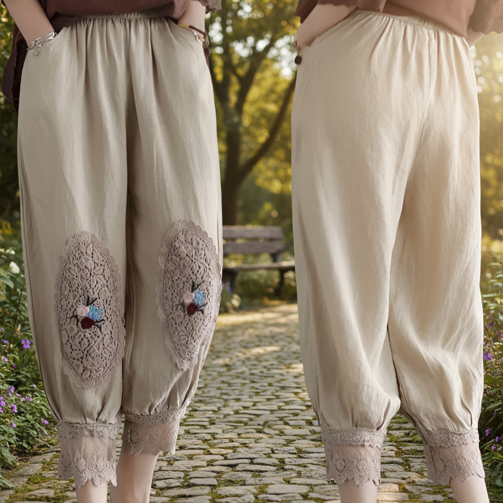 レース刺繍入りコットンリネンランタンパンツ（女性用）