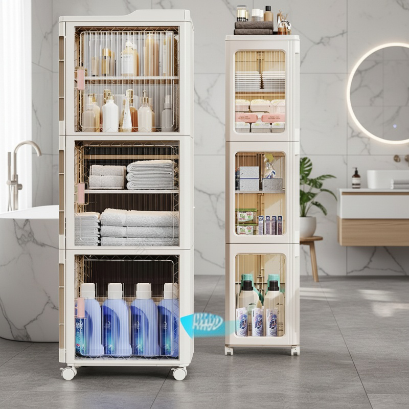Étagère de rangement mobile pour salle de bain, ouverture et fermeture
