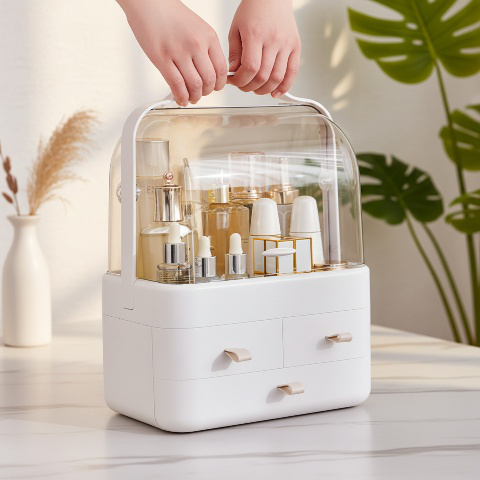 Spacious cosmetic organizer holding various beauty products