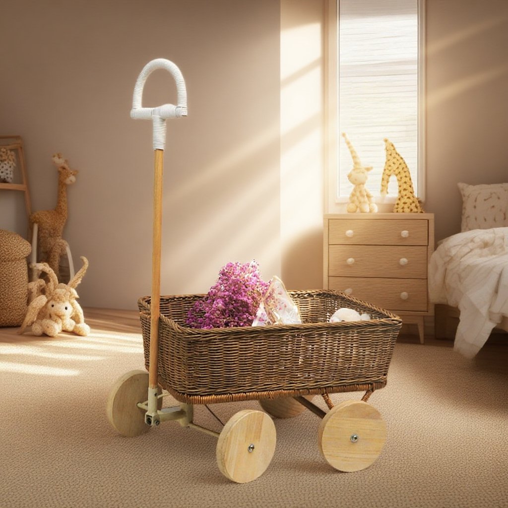 Vozík na hračky z přírodního ratanu, koš na plyšové hračky, venkovní vozík