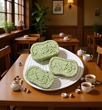 ヨモギと桑の葉の八宝餅の盛り付け写真