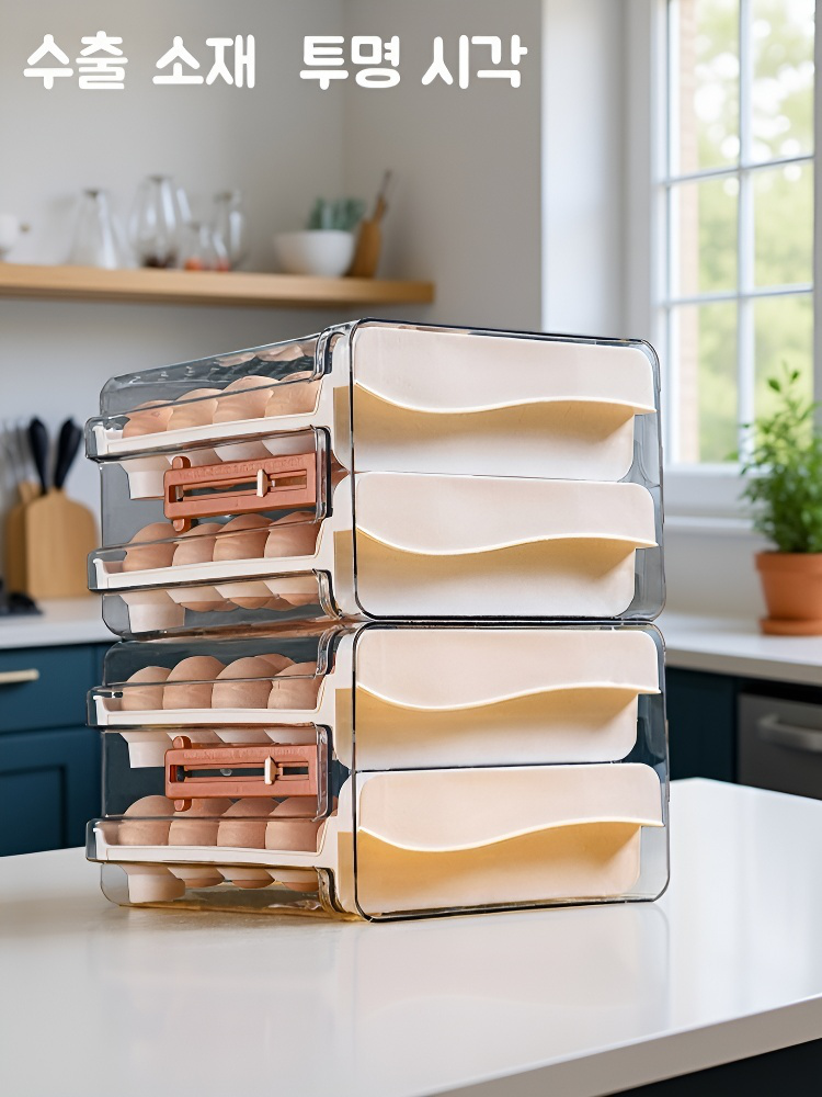 식품급 눈금보관함 이중 서랍형 대용량  수납함 계란보관함 계란받침 이중식품급 수납함