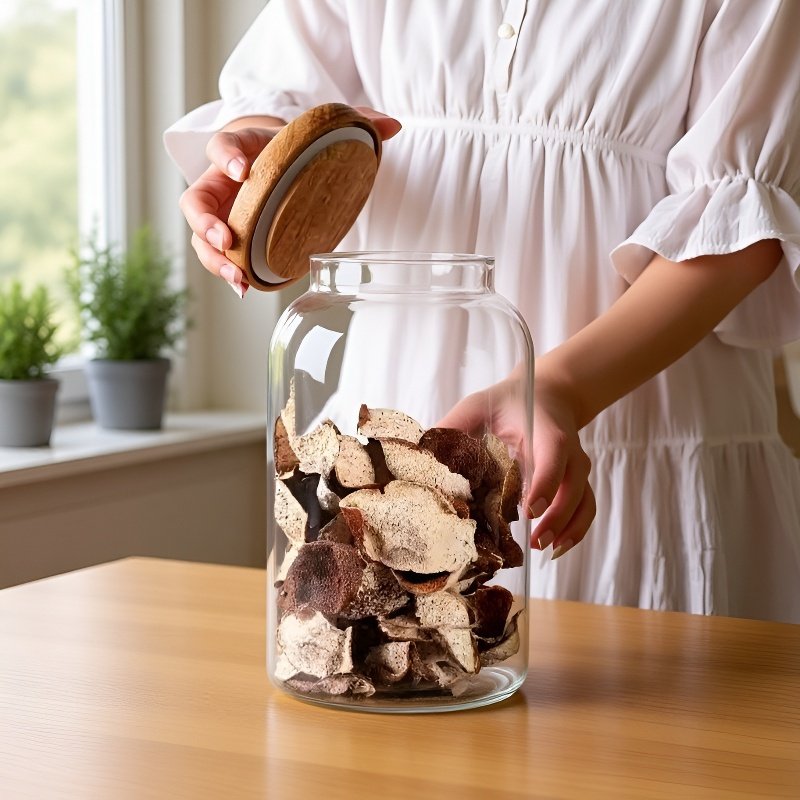 Szerokootwarty szklany pojemnik na ciasteczka z pokrywką z drewna akacjowego do kuchni
