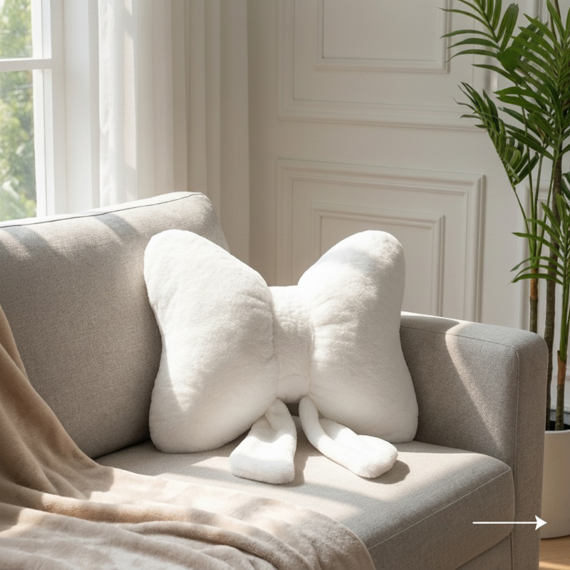 Minimalist Nordic Rabbit Fur Sofa Cushion, Solid Color, Bow and Rib Design, Soft and Comfortable