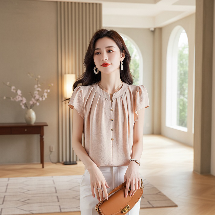 여성 통근 반팔 셔츠 슬림 라운드 반팔 셔츠