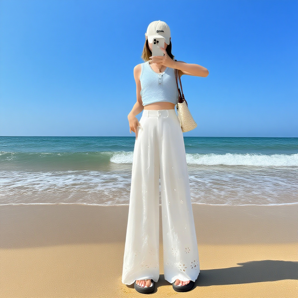 夏用中空ワイドレッグパンツ、フックフラワーワイドレッグパンツ、レディース2025新作、ハイウエストパンツ、スリムドレープレースパンツ、カジュアルストレートパンツ