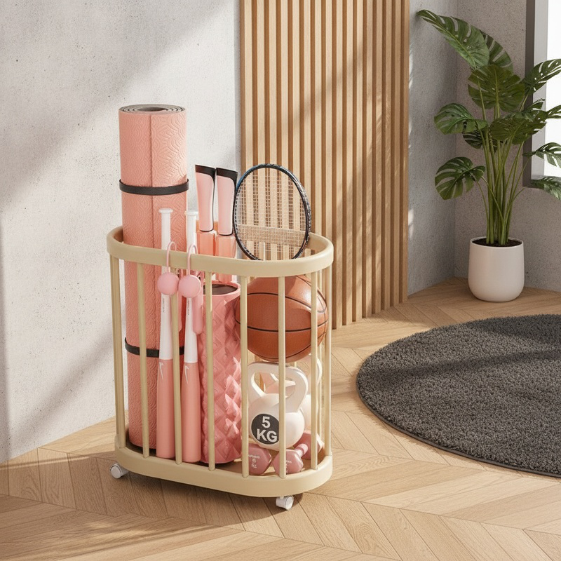 Efficient home gym organizer with storage baskets