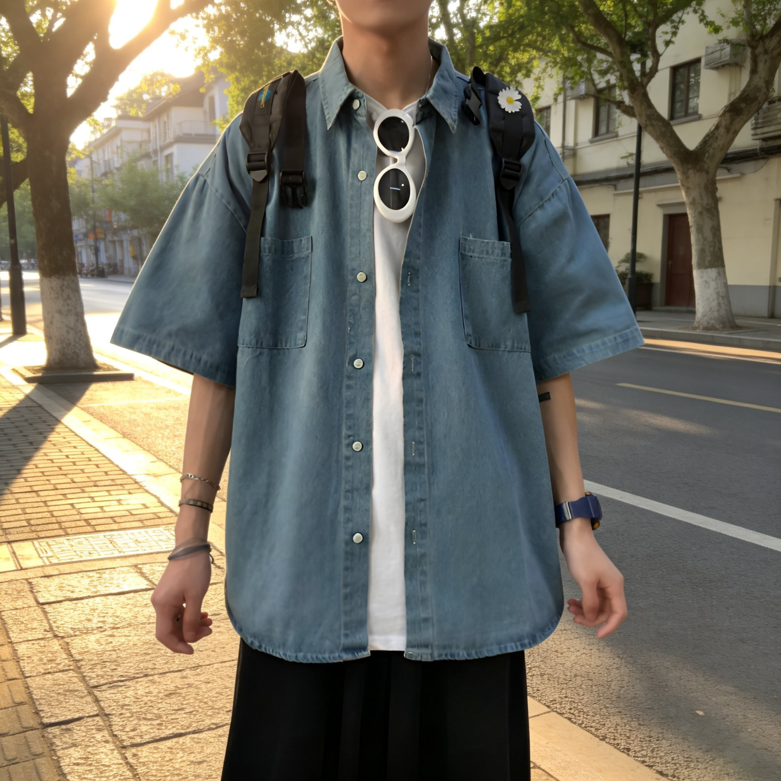 한국풍 루즈핏 커플 데님 반팔 셔츠, 여름 데일리 셔츠