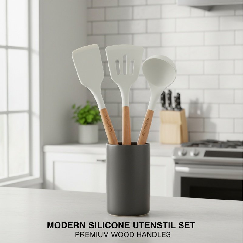 Heat-Resistant Wooden Handle Silicone Kitchenware 3-Piece Set (Soup Spoon, Spatula)