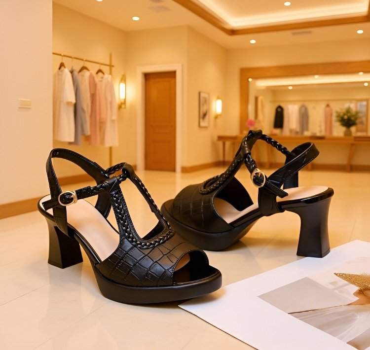 صندل راقي عصري مفتوح من الأمام من جلد البقر المزين بنقش جلد التمساح ذو نعل سميك وكعب عال مربع للنساء