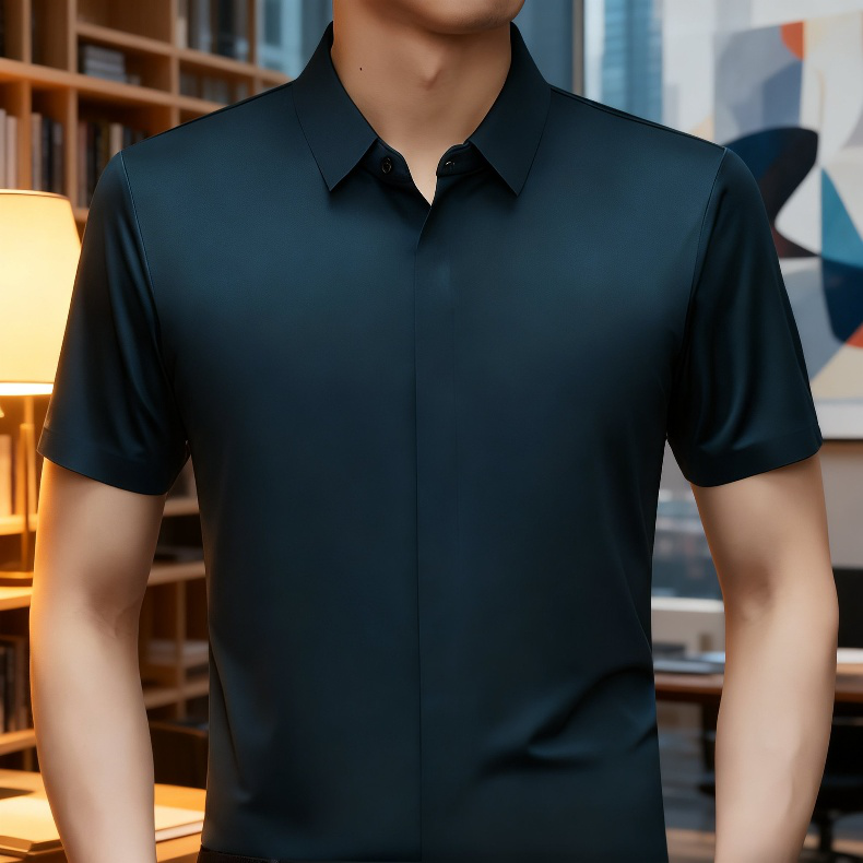 ビジネスメンズファッションシャツ 中年男性用ノンマーキング高弾性アイスシルク半袖シャツ サマーファッション・ビジネスシャツ