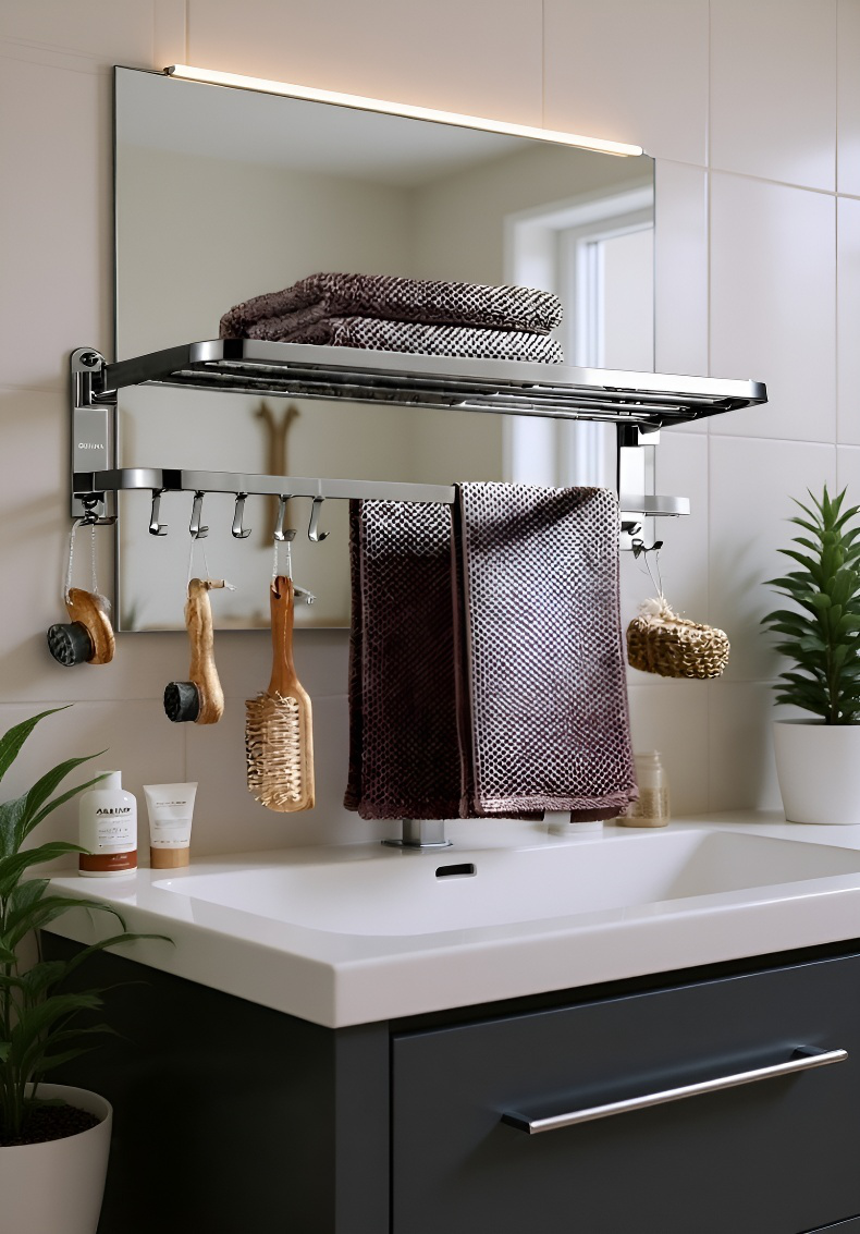 스텐 소재의 욕실 선반 디테일