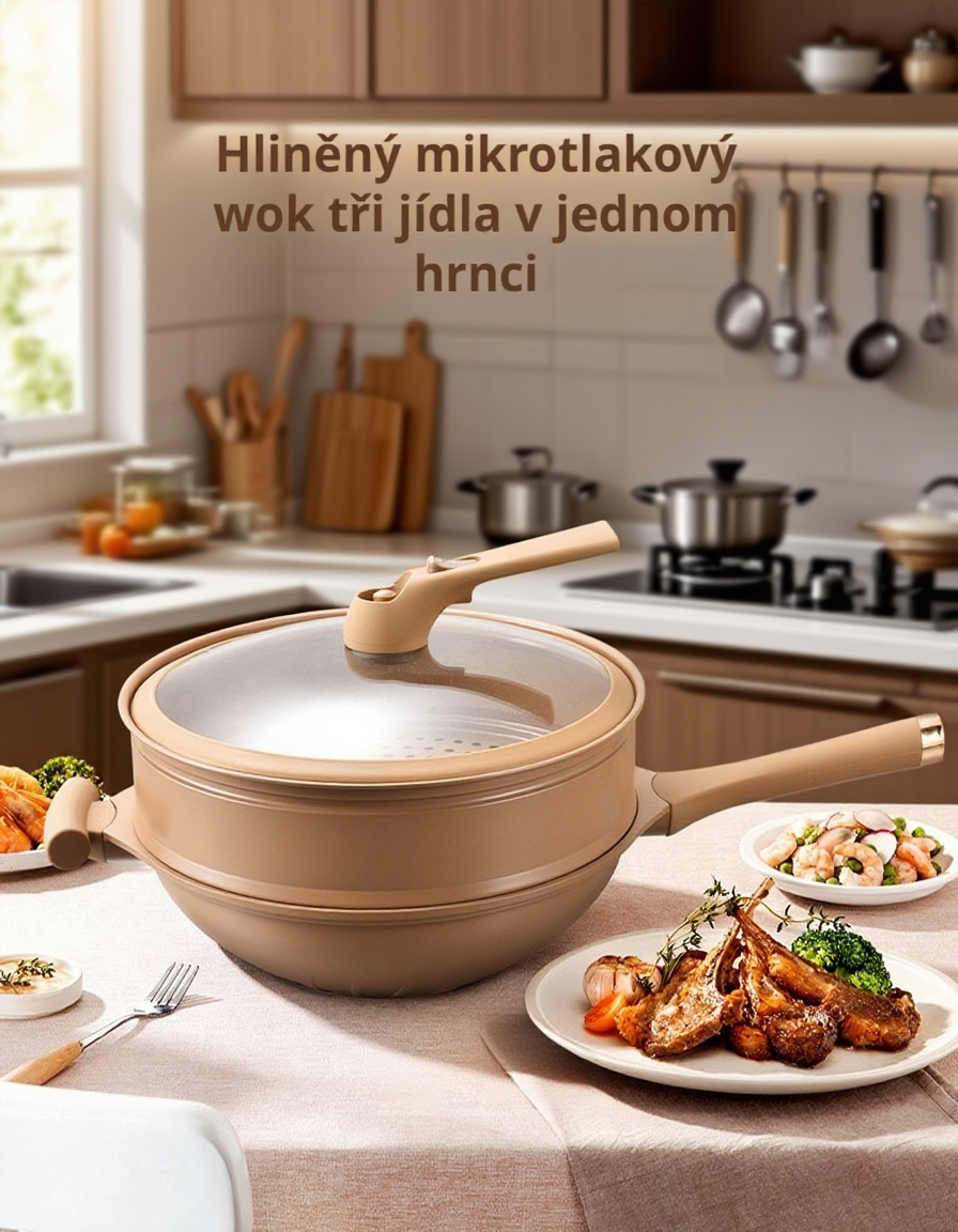 Nepřilnavá domácí pánev s mikro-tlakem v moderní kuchyni