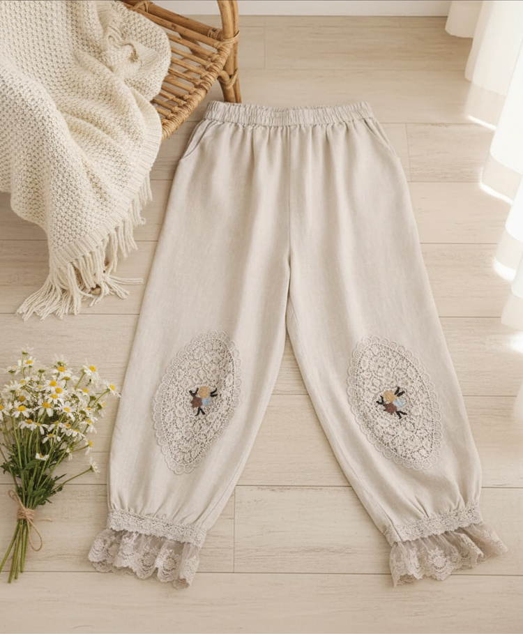 レース刺繍入りコットンリネンランタンパンツ（女性用）