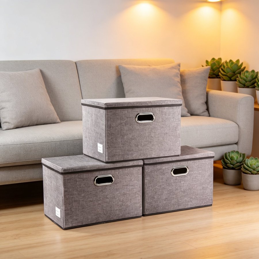 Set of 3 Foldable Closet Storage Bins with Lids, Linen Fabric Organizer Boxes