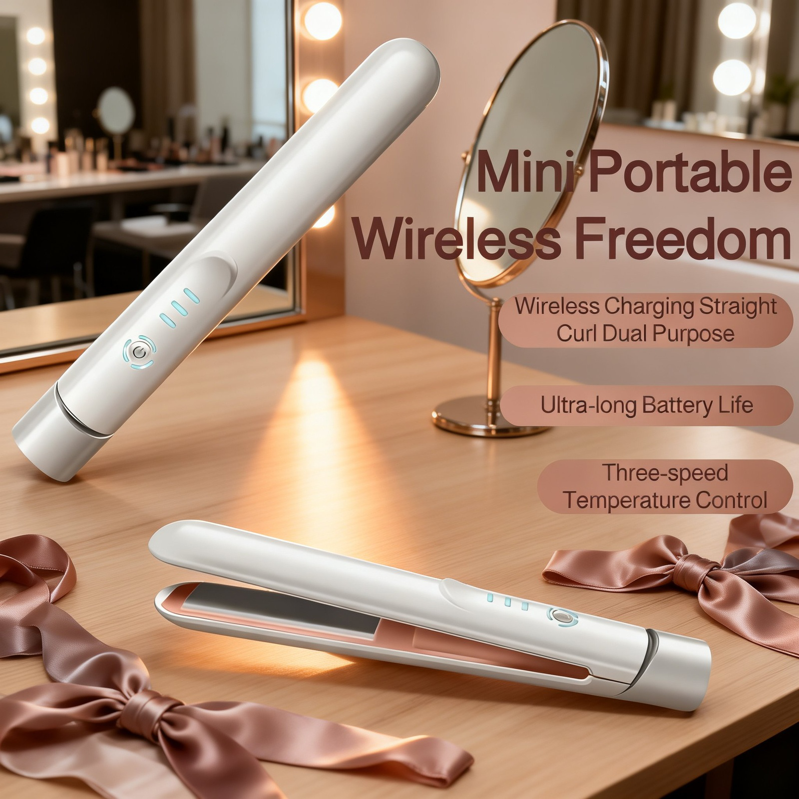 Cordless Mini Hair Iron, USB Rechargeable, 3 Temperature Settings (160/180/200°C), Lightweight, Port