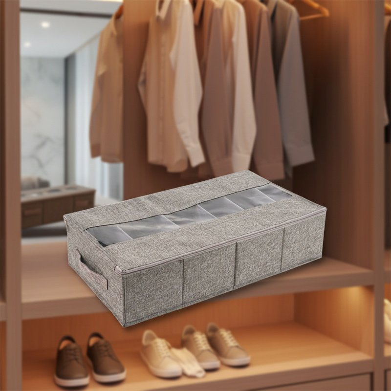 Under-bed storage box, foldable transparent fabric cover, for storing blankets, clothes, shoes, and 