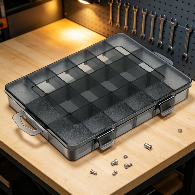 Caja de almacenamiento con rejillas para componentes y accesorios electrónicos