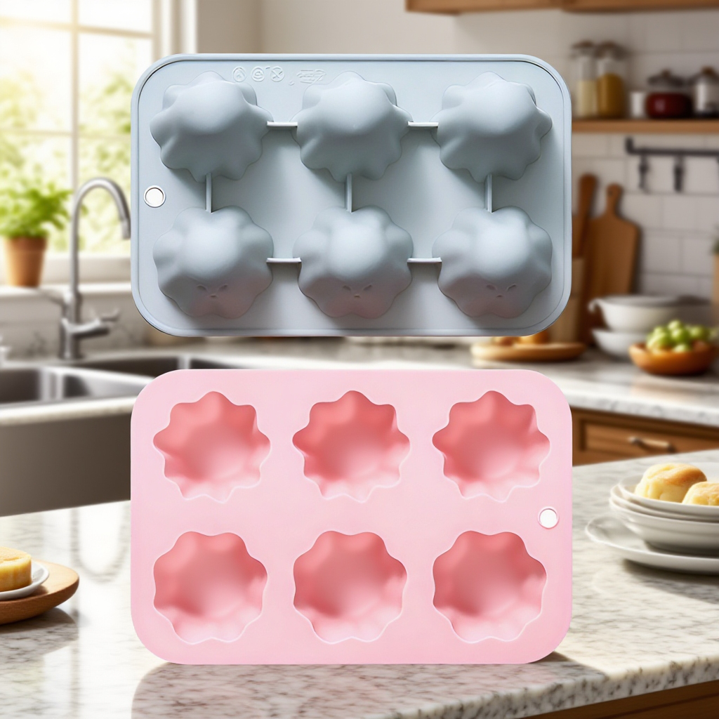 실리콘 베이킹 몰드에 반죽을 붓는 장면