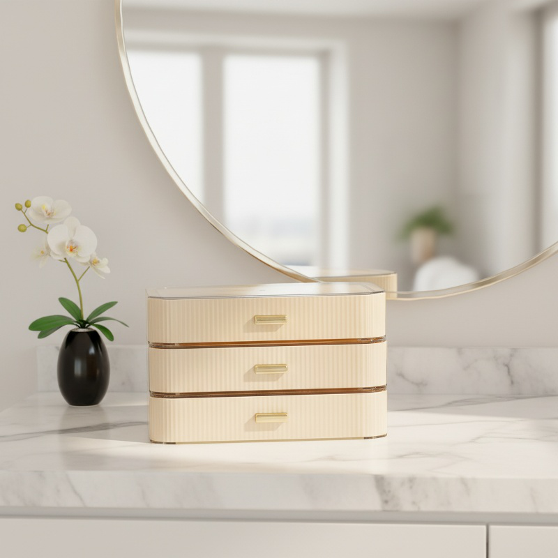 Desktop skincare shelf with multiple storage drawers