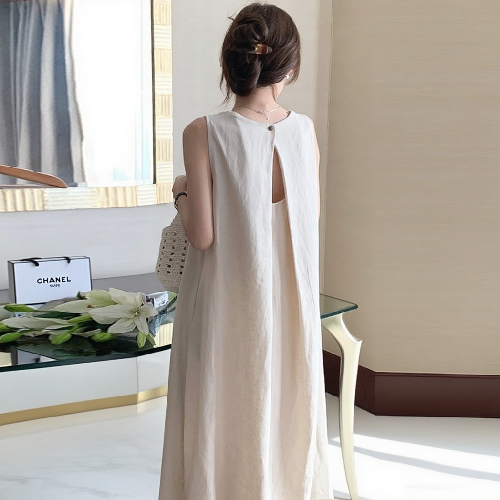 여 여름 햅번 원피스 블랙 등판 펀칭 민소매 롱스커트 시크 유니크 롱스커트