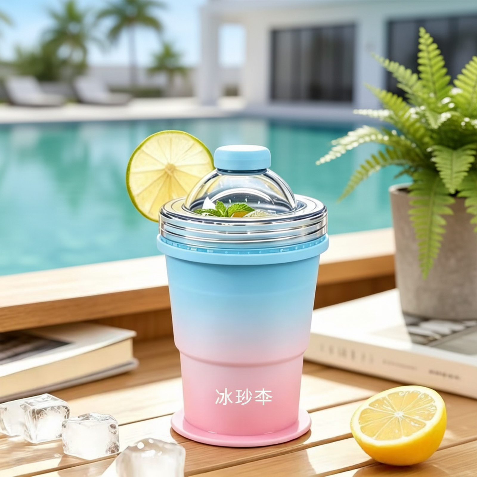 持ち運び可能な折りたたみ式アイスホッケーカップ。ストロー内蔵、食品グレードのシリコン製製氷カップ型付き。夏のアウトドアに最適です。