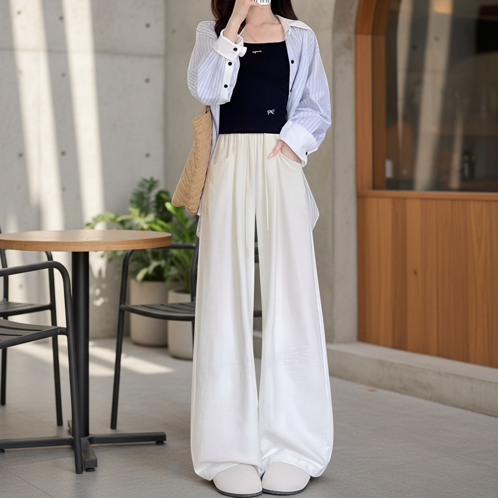 レディース クラウドパンツ、夏物薄手新スタイル、レイジースタイル、ハイウエスト、ゆったりフィット、スリムフィット、カジュアル 山本ワイドレッグパンツ