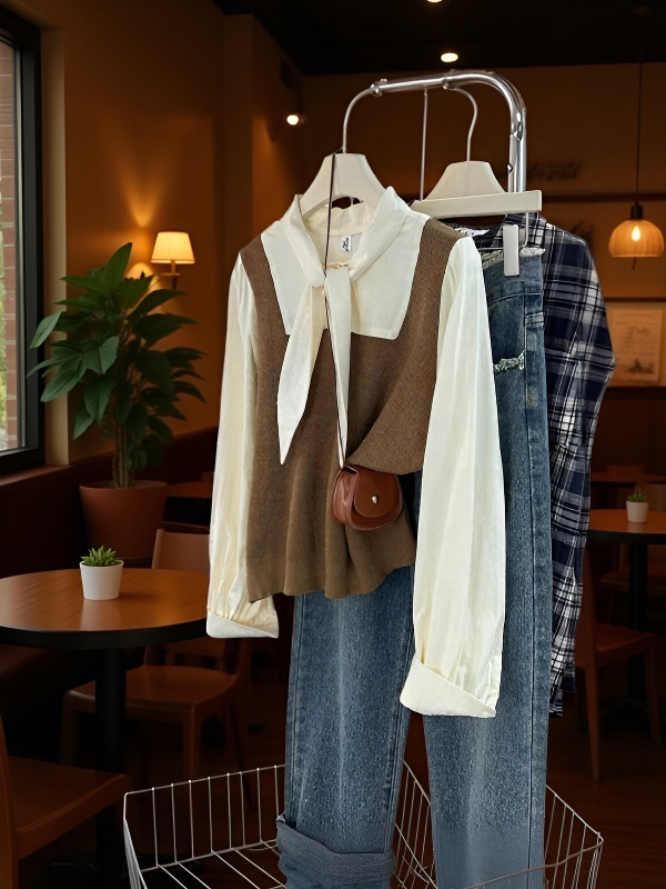 가디건 레이어드 니트 조끼 배색 긴팔 셔츠