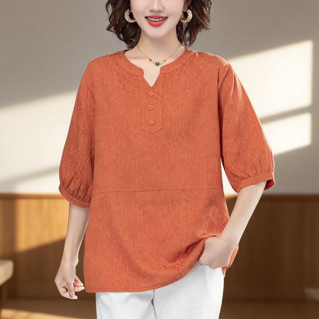 귀부인 중년 여성 엄마 반팔 블라우스 여 칼라 고급 린넨 덧장 빅 사이즈 면 마 상의 여름