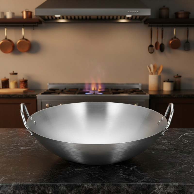Large stainless steel frying pan with double ear handles for restaurant use