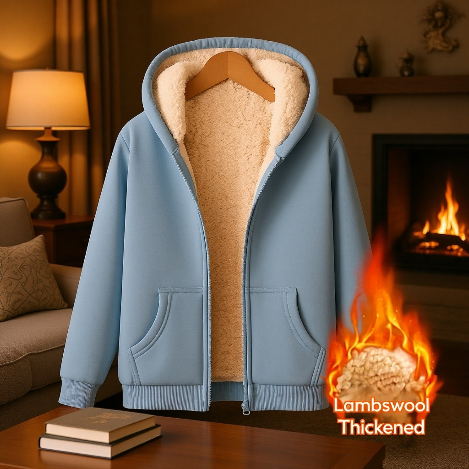 Fleece-Lined Thickened Men's Hoodie Jacket with Lamb Wool Lining