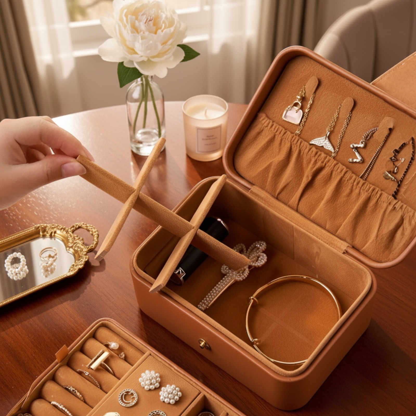 Boîte à bijoux en cuir à deux niveaux, portable