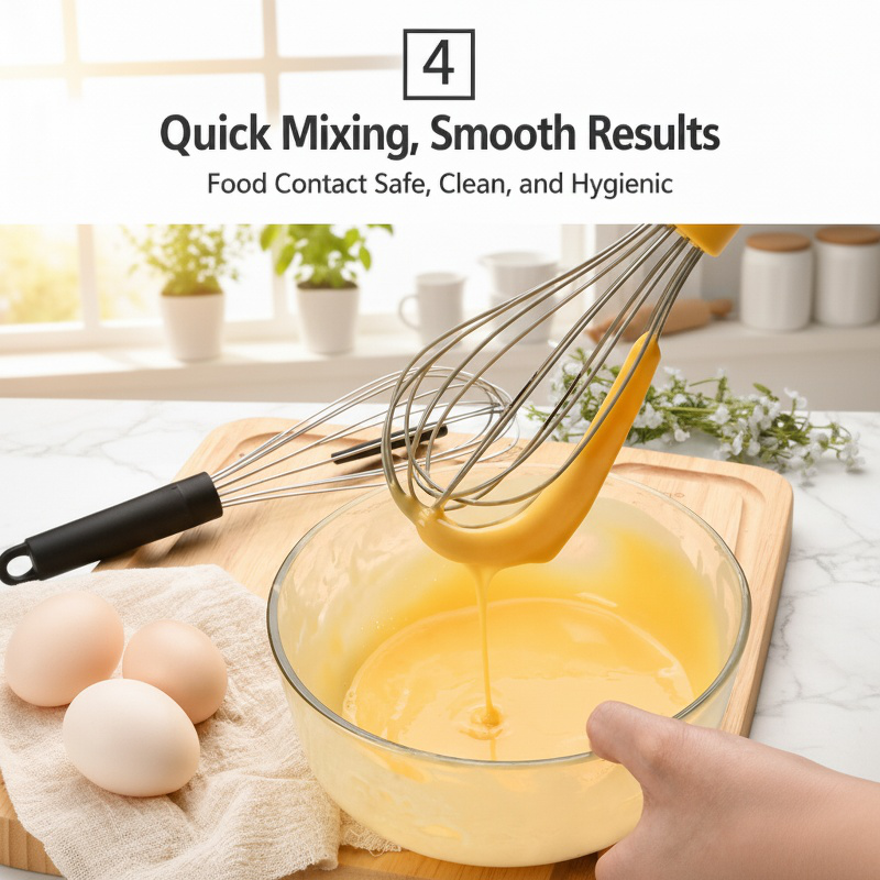 Handheld whisk mixing eggs in a glass bowl