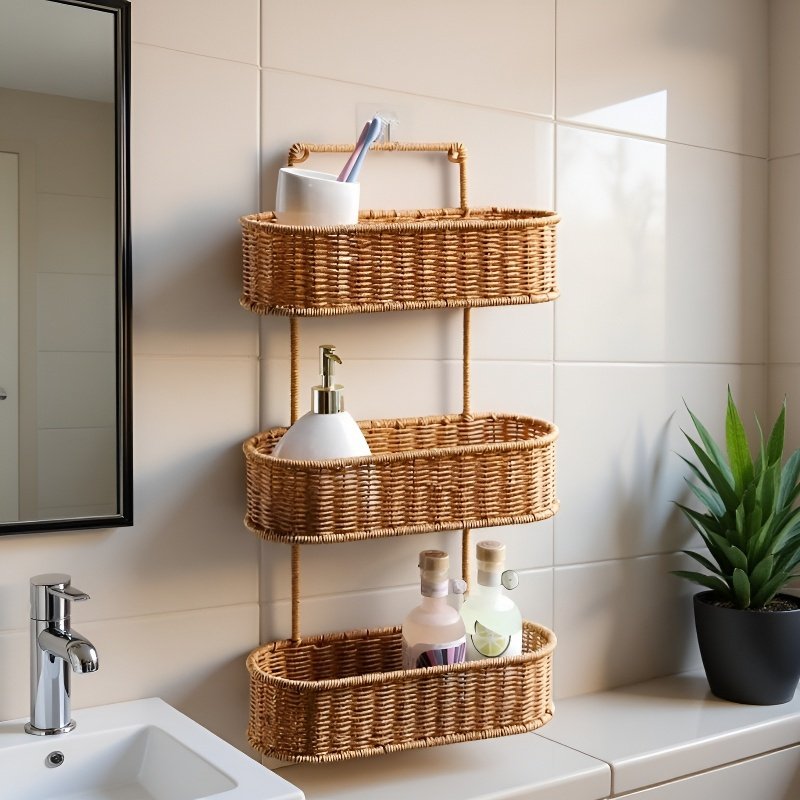 Többszintes fürdőszobai tárolópolc, fúrás nélküli műrattan állvány