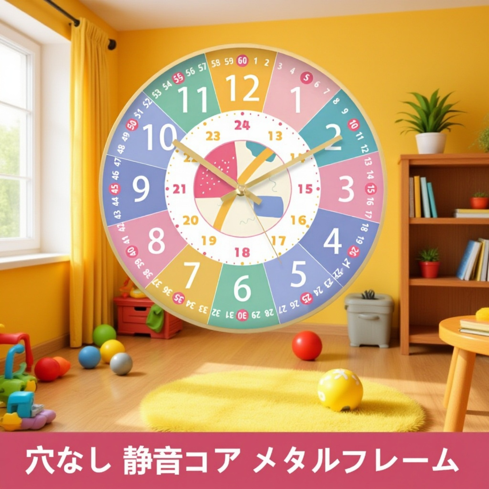 穴あけ不要 壁掛け学習時計 子供用知育壁時計