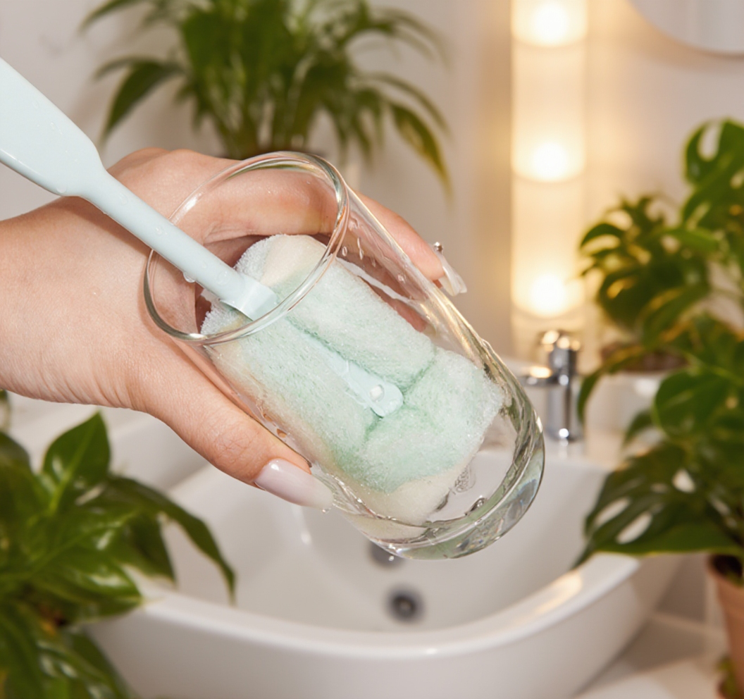 주방에서 컵을 세척하는 브러시 사용법